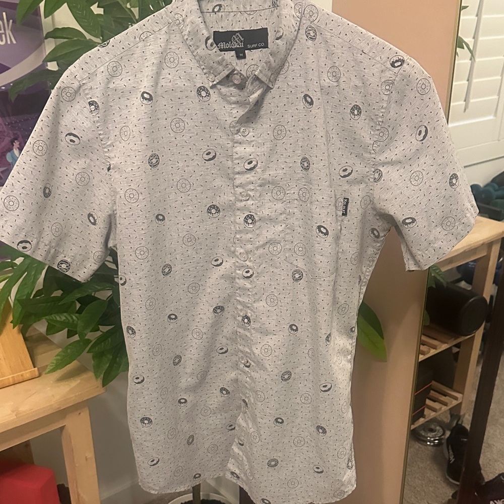 White  and Grey Short-Sleeve Button-Down Shirt with Donut Print